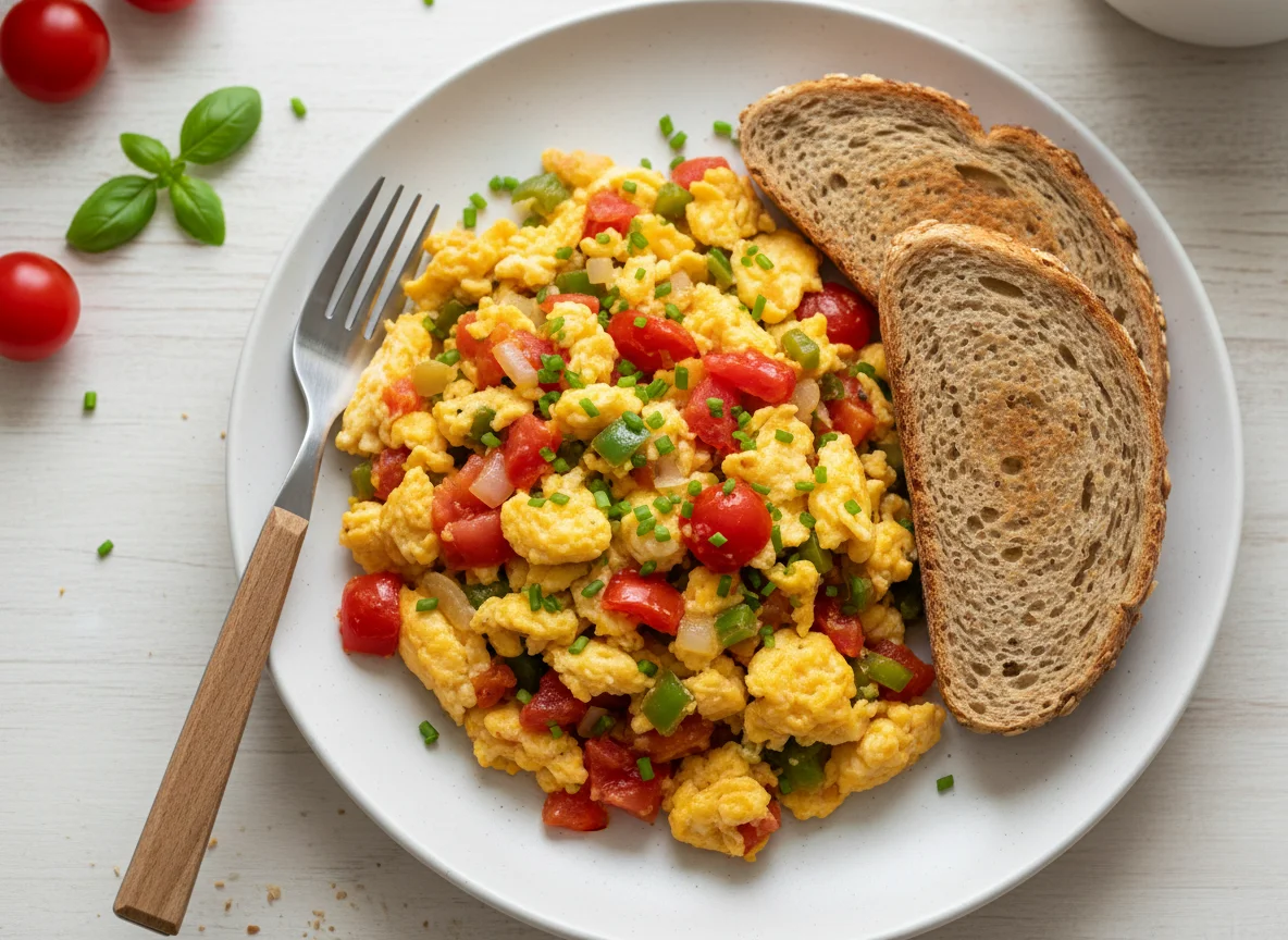 Ovos mexidos com tomate e pão integral photo