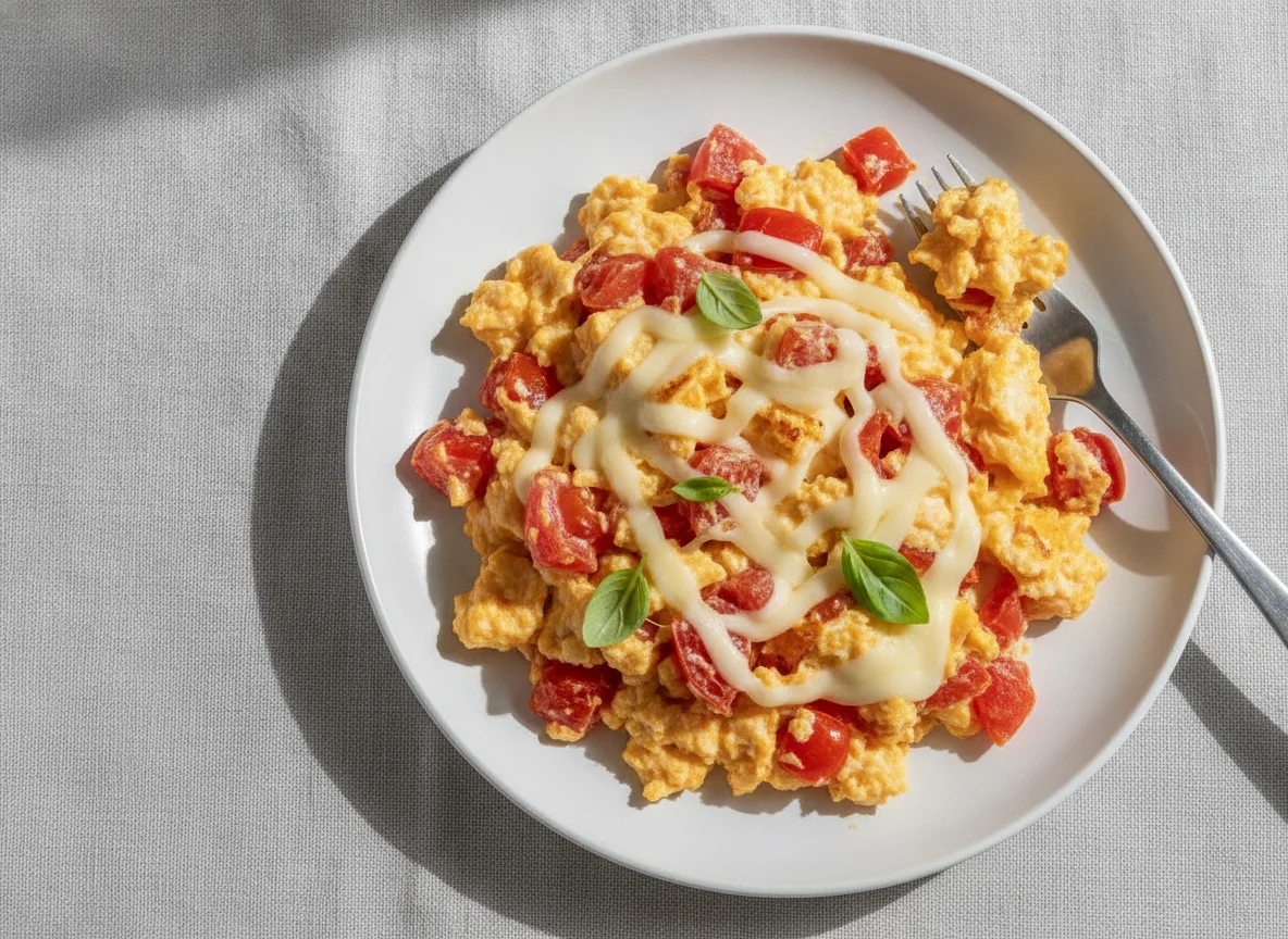 Ovos mexidos com tomate e queijo photo