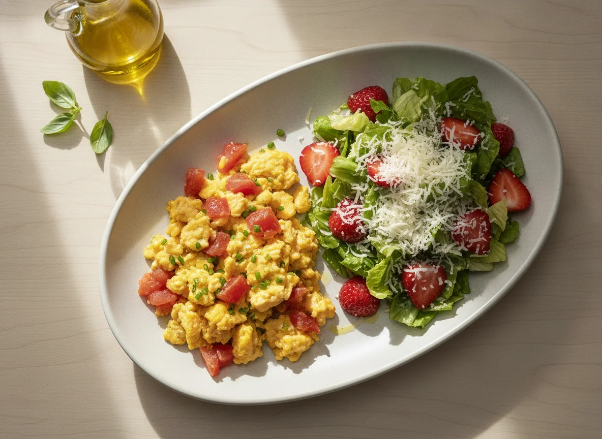 Ovos mexidos com tomate e salada de morango com queijo photo