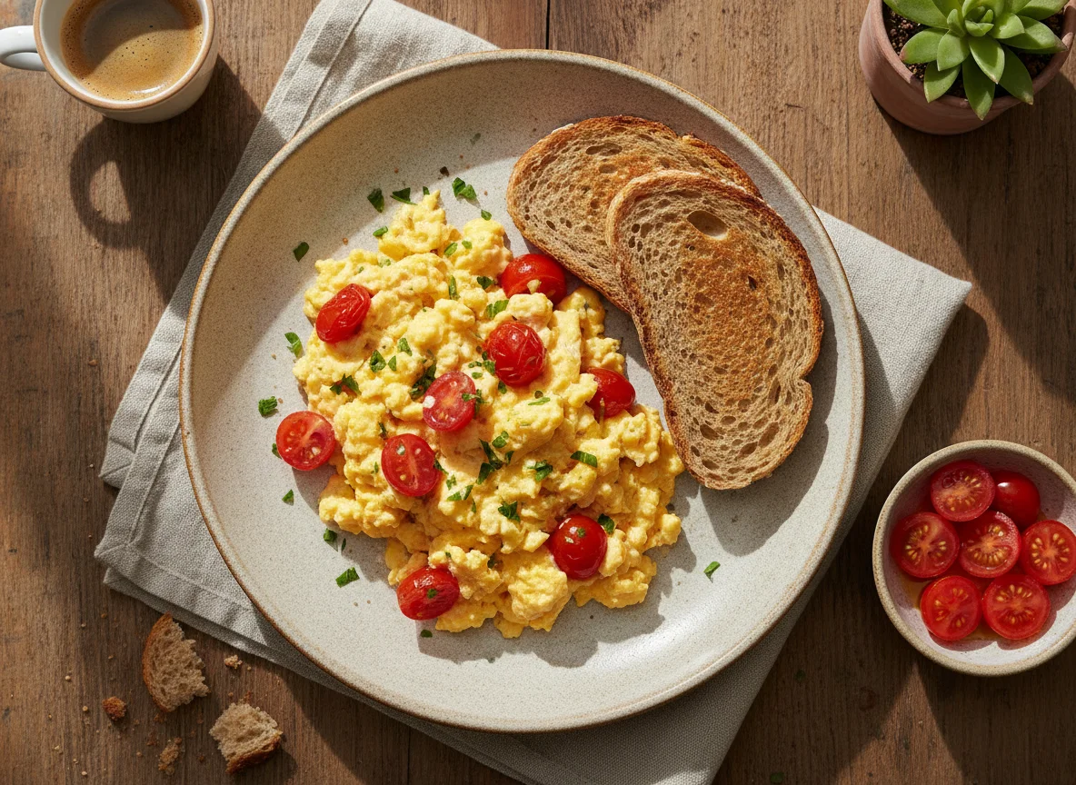 Ovos mexidos com tomate e torrada photo