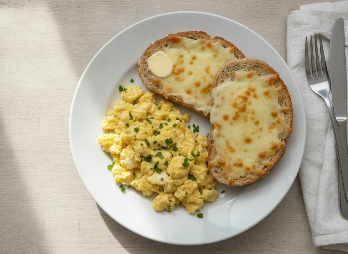 Ovos mexidos com torrada de queijo photo