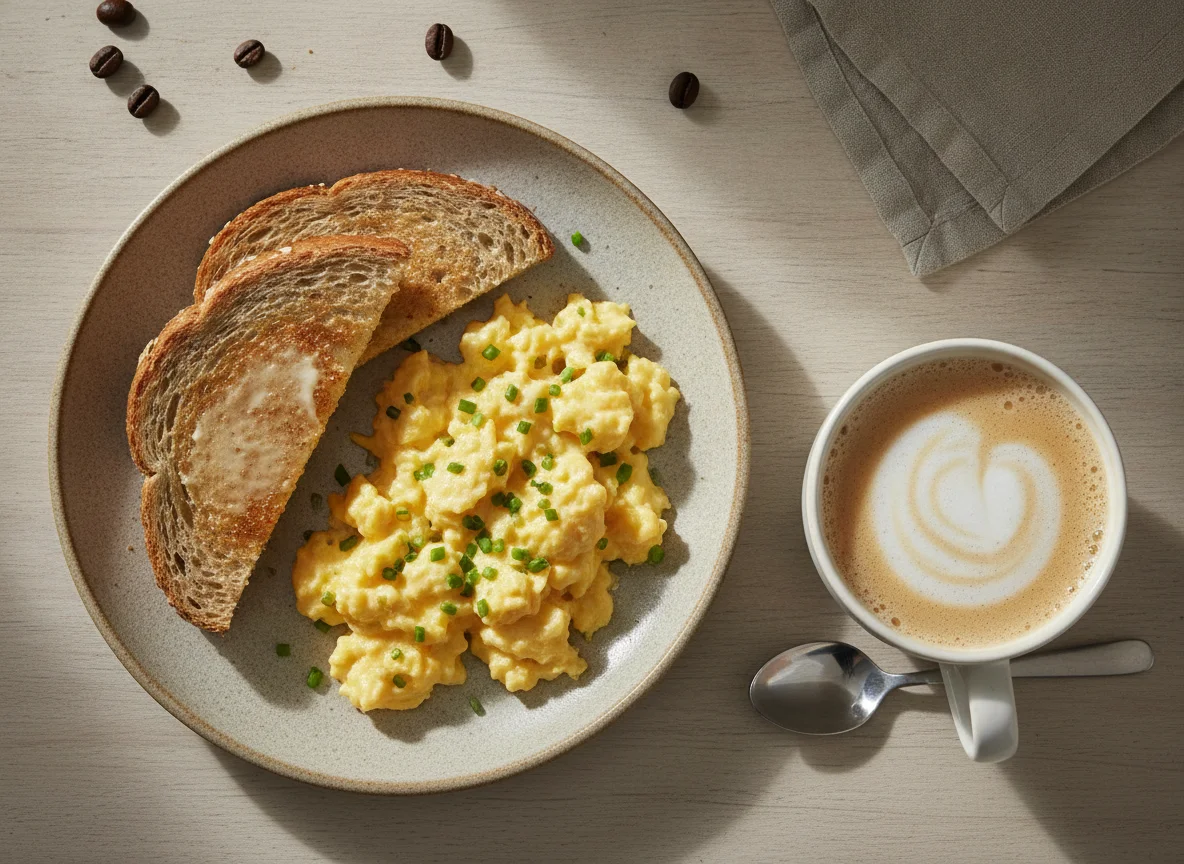 Ovos mexidos com torrada e café com leite photo