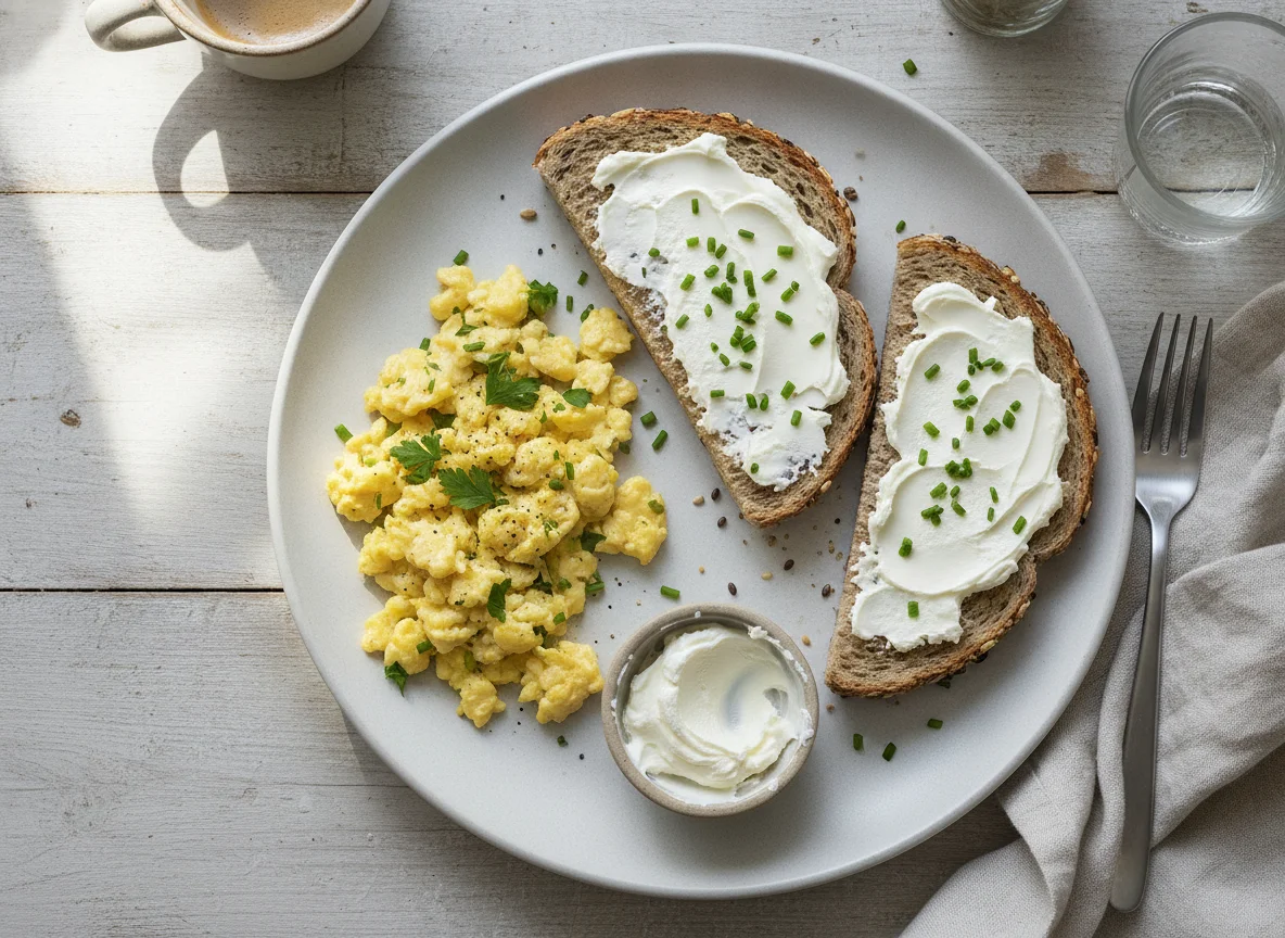 Ovos mexidos com torrada e cream cheese photo