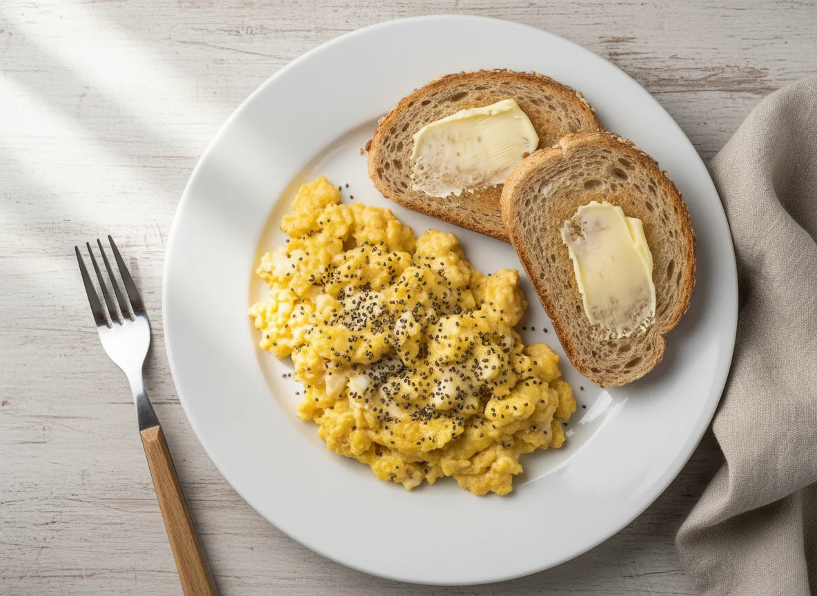 Ovos mexidos com torrada e manteiga photo