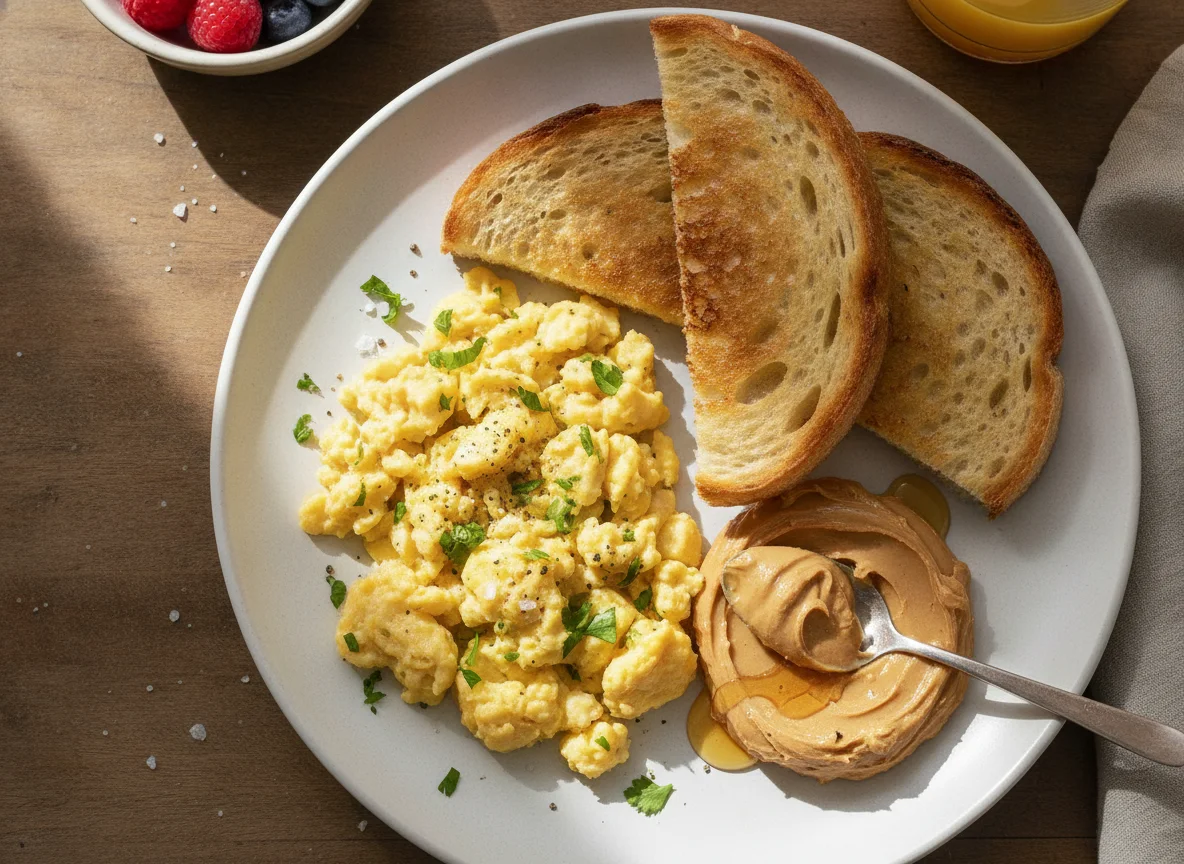 Ovos mexidos com torrada e pasta de amendoim photo