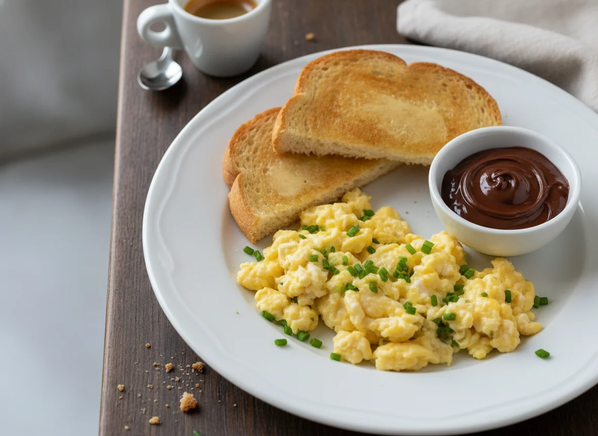 Ovos mexidos com torrada e pasta de chocolate photo