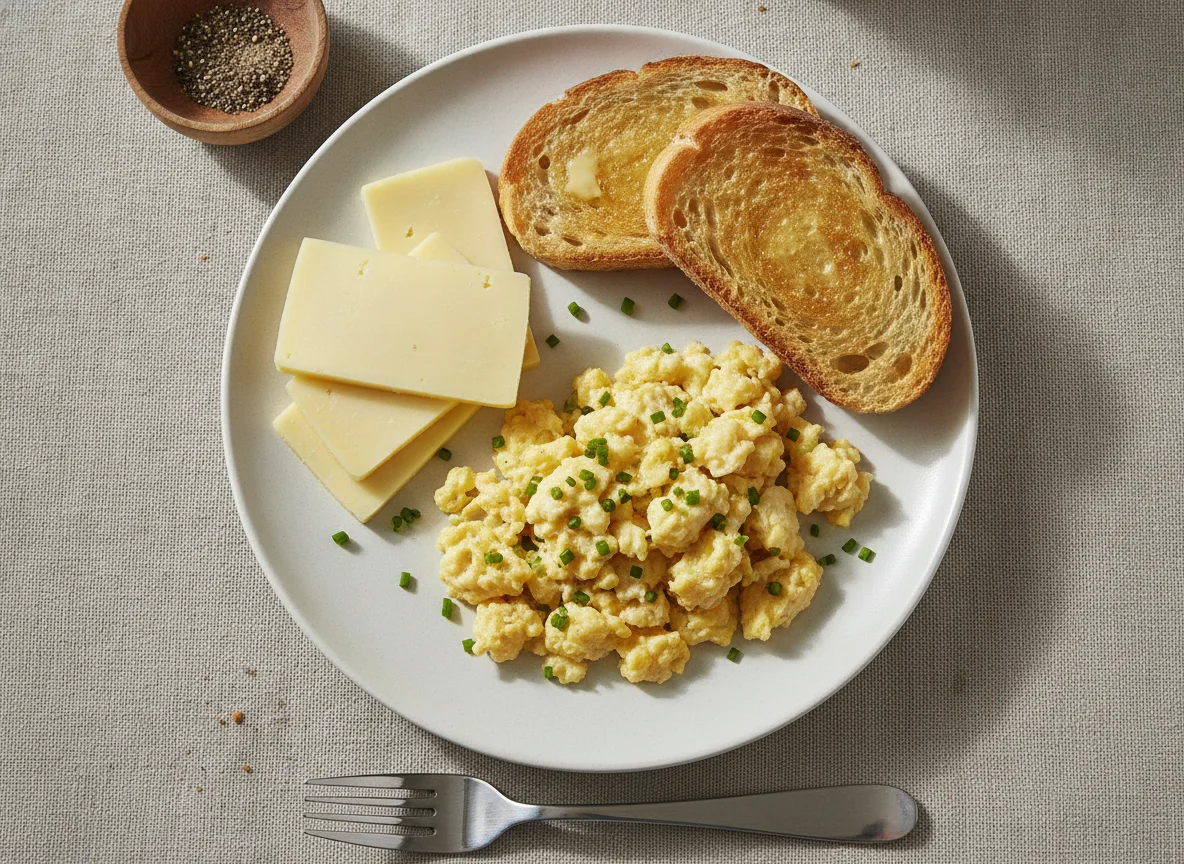 Ovos mexidos com torrada e queijo photo