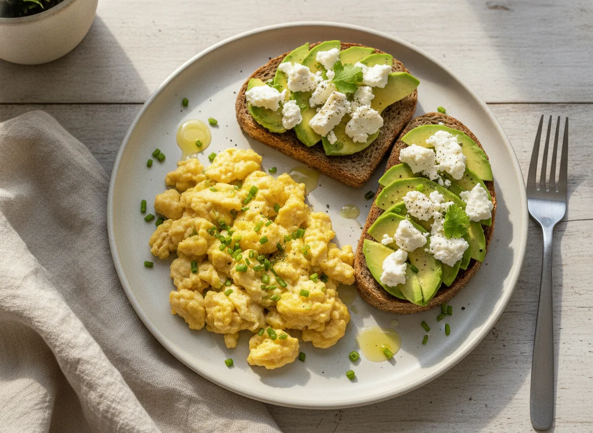 Ovos mexidos com tosta de abacate e queijo fresco photo