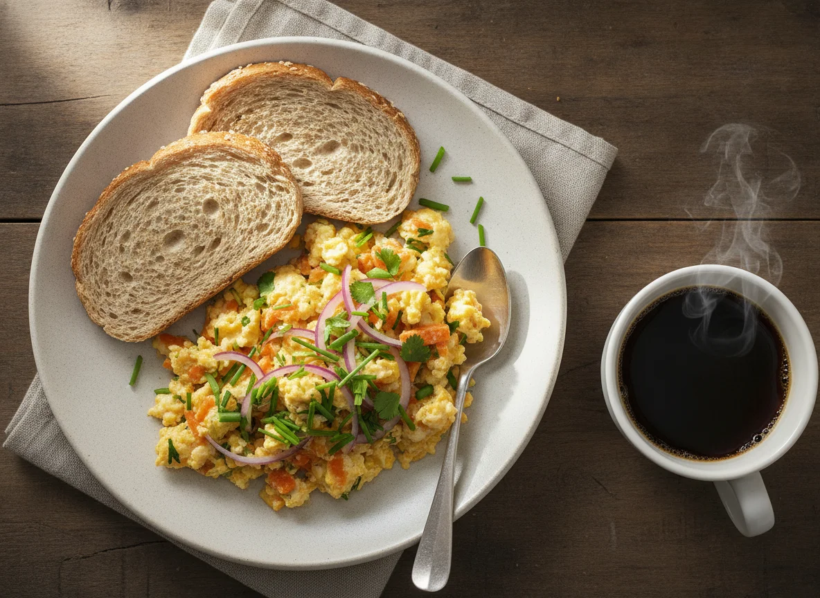 Ovos mexidos com vegetais, pão integral e café photo