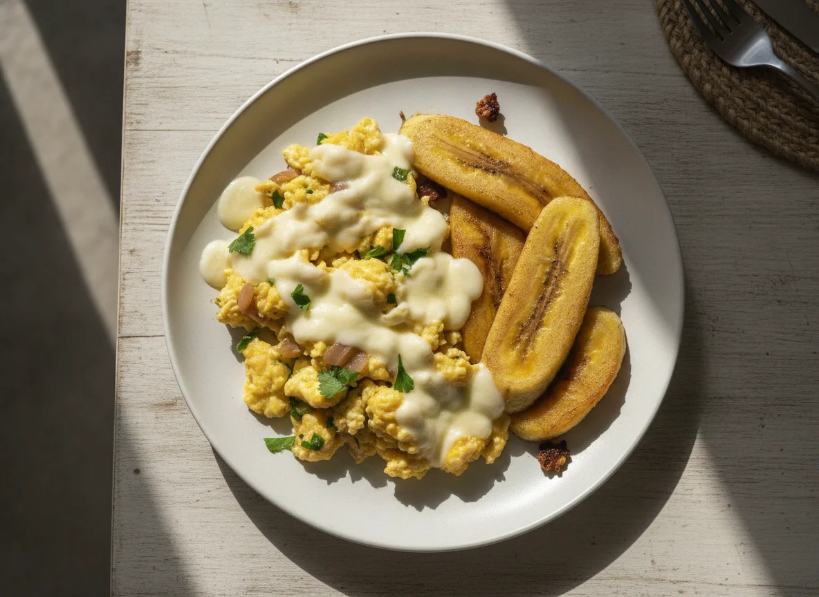 Ovos mexidos e banana da terra com queijo photo