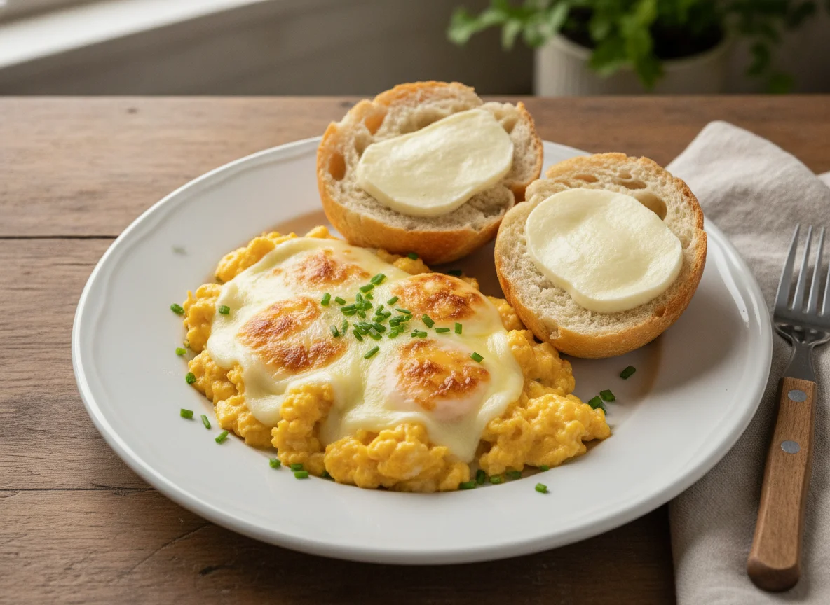Ovos mexidos e pão com queijo photo