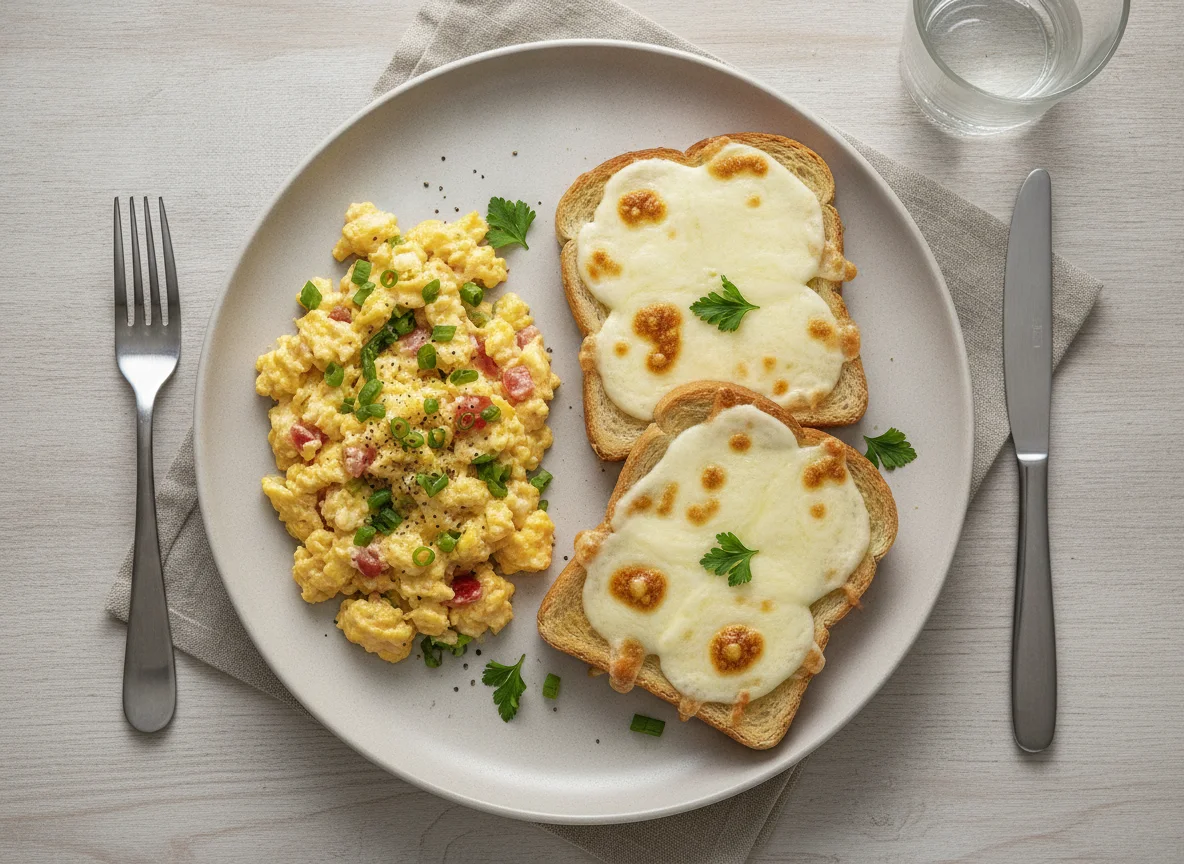 Ovos mexidos e torrada com queijo photo