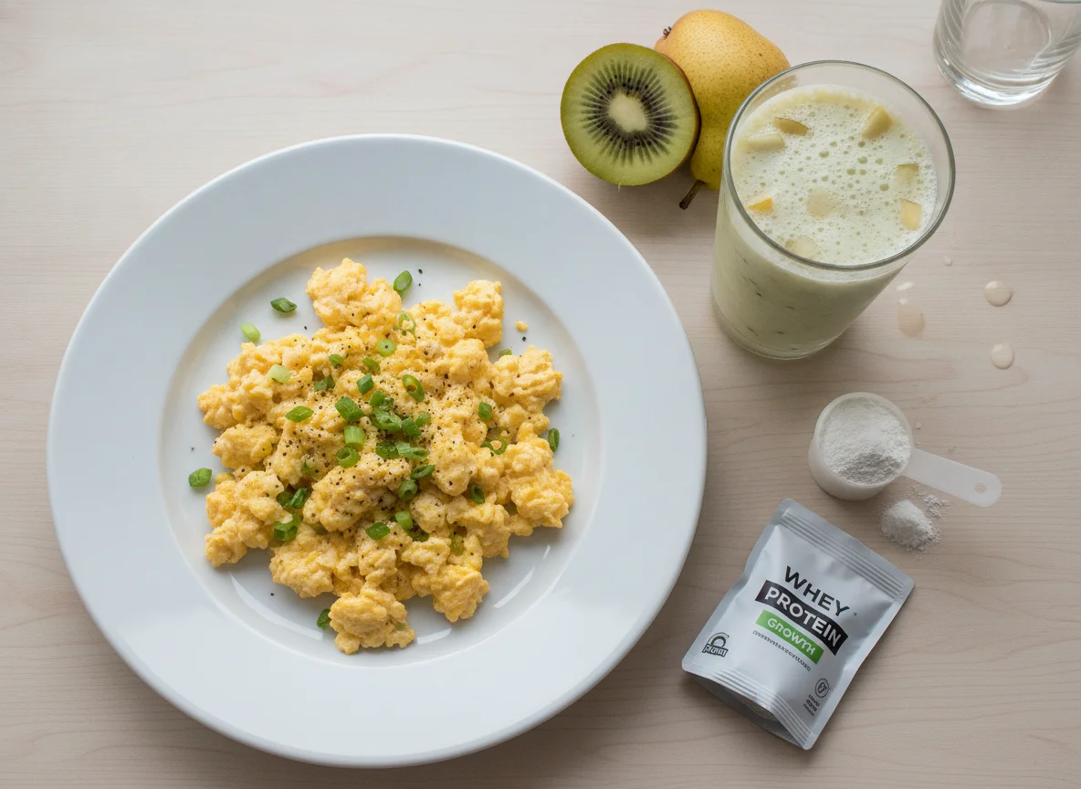 Ovos mexidos e vitamina de frutas com whey photo