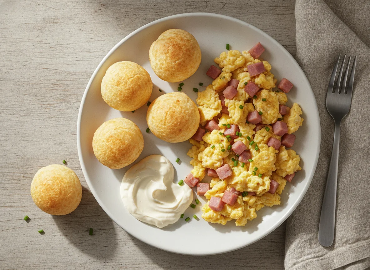 Pães de queijo com ovos mexidos e requeijão light photo