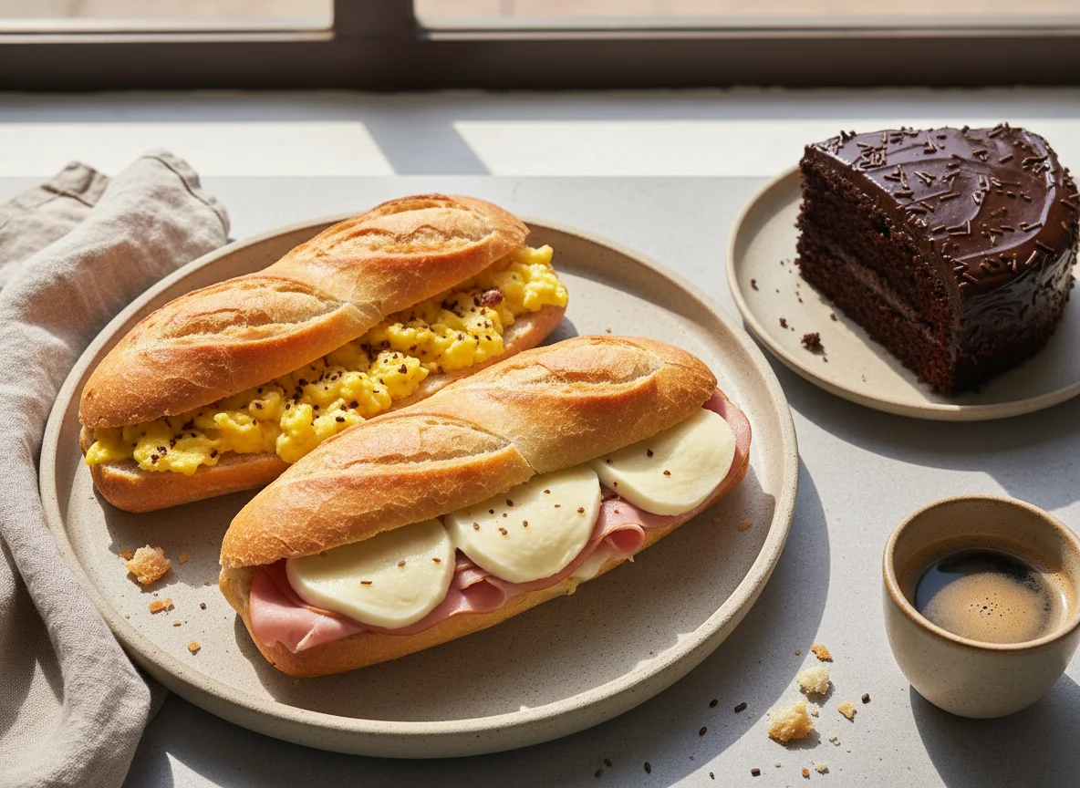 Pães franceses recheados e bolo de chocolate photo