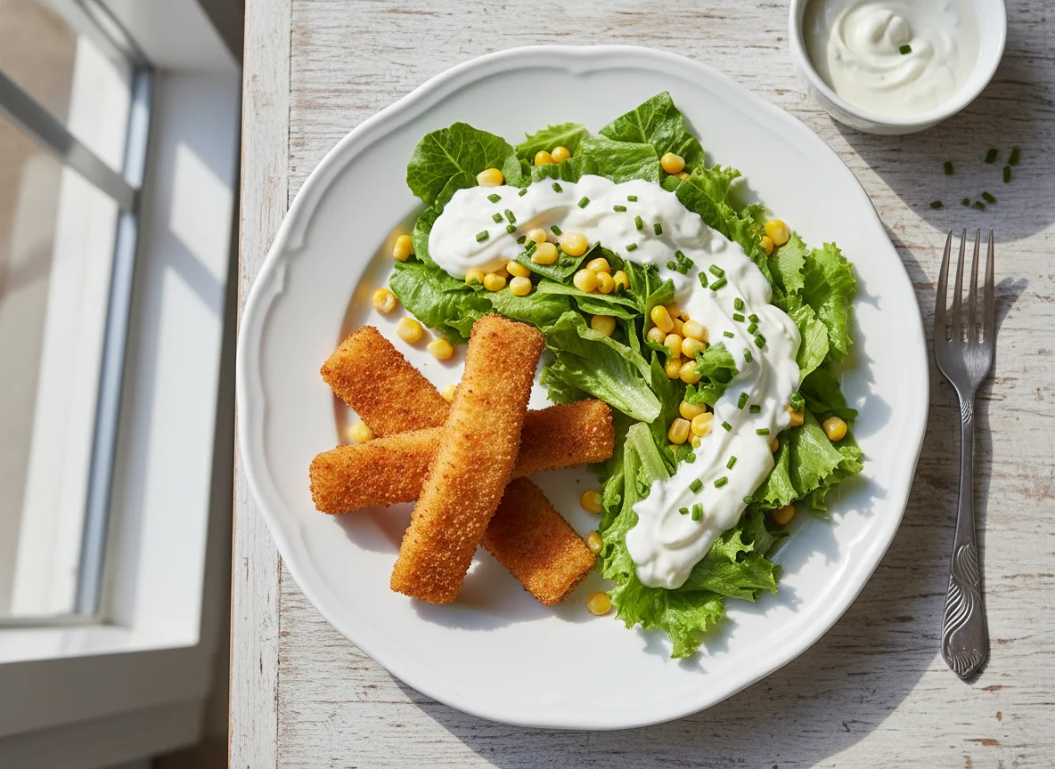 Palitos de peixe panado com salada mista photo