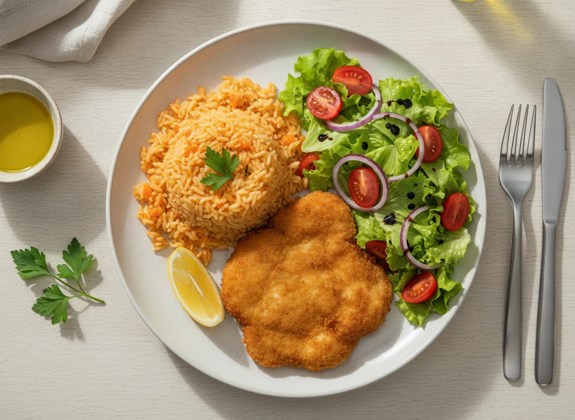 Panado de frango com arroz de cenoura e salada mista photo