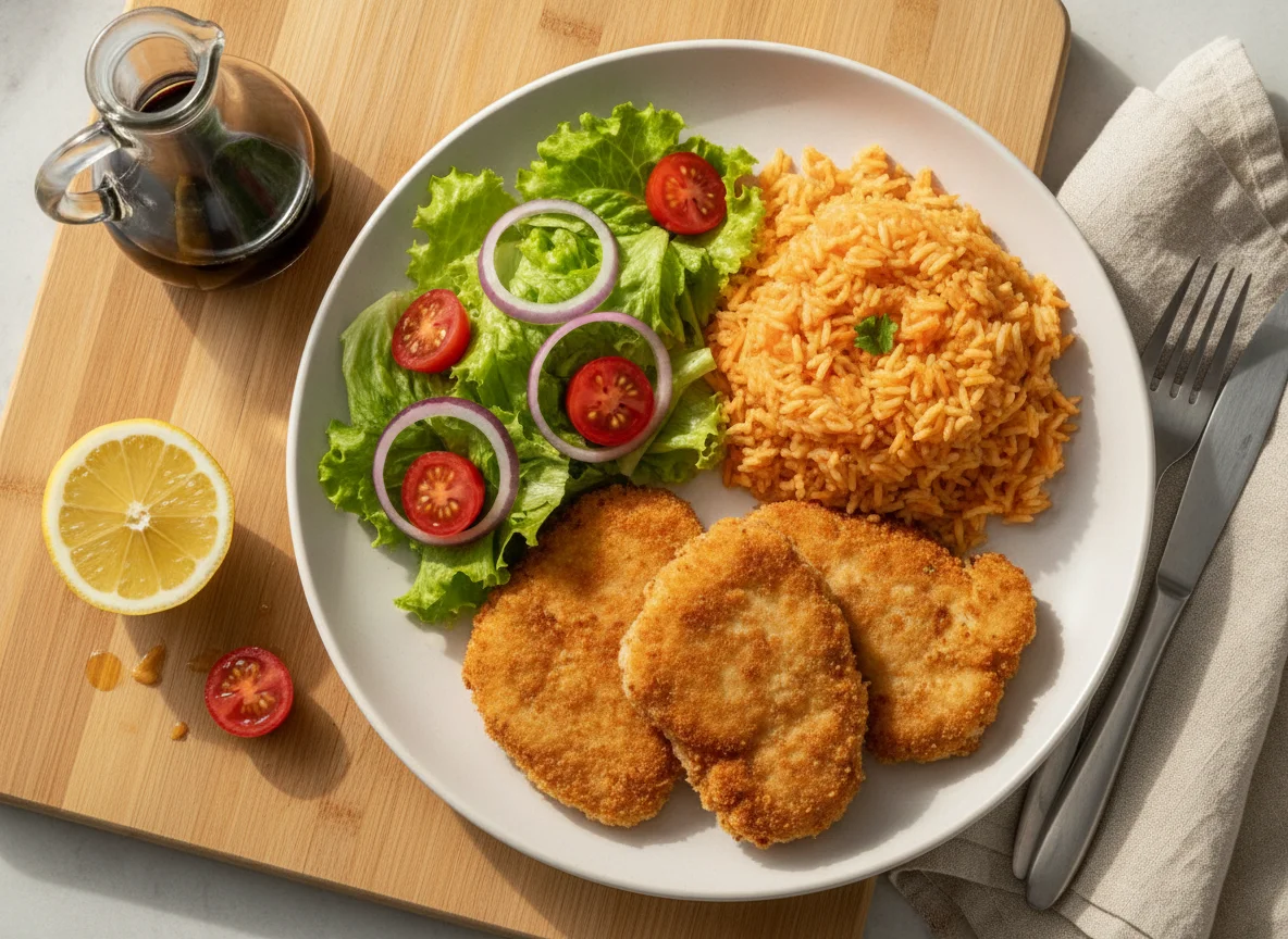 Panado de frango com arroz de cenoura e salada photo