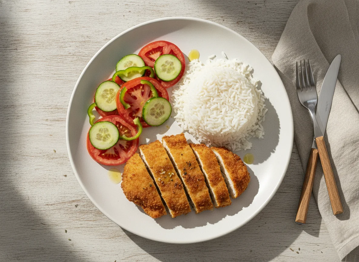 Panado de frango com arroz e salada photo