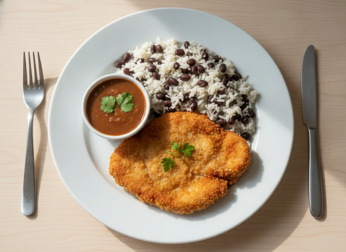 Panado de porco com arroz de feijão photo