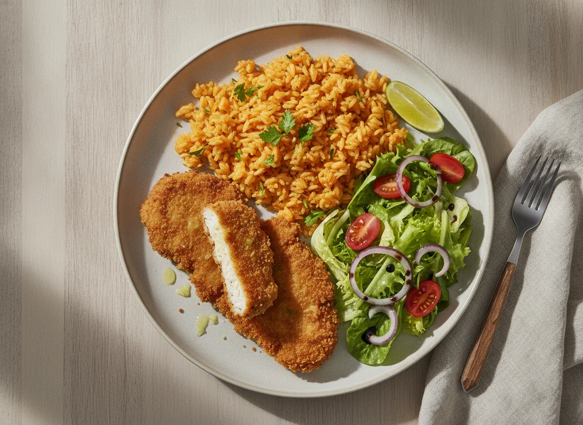 Panados de frango com arroz e salada photo