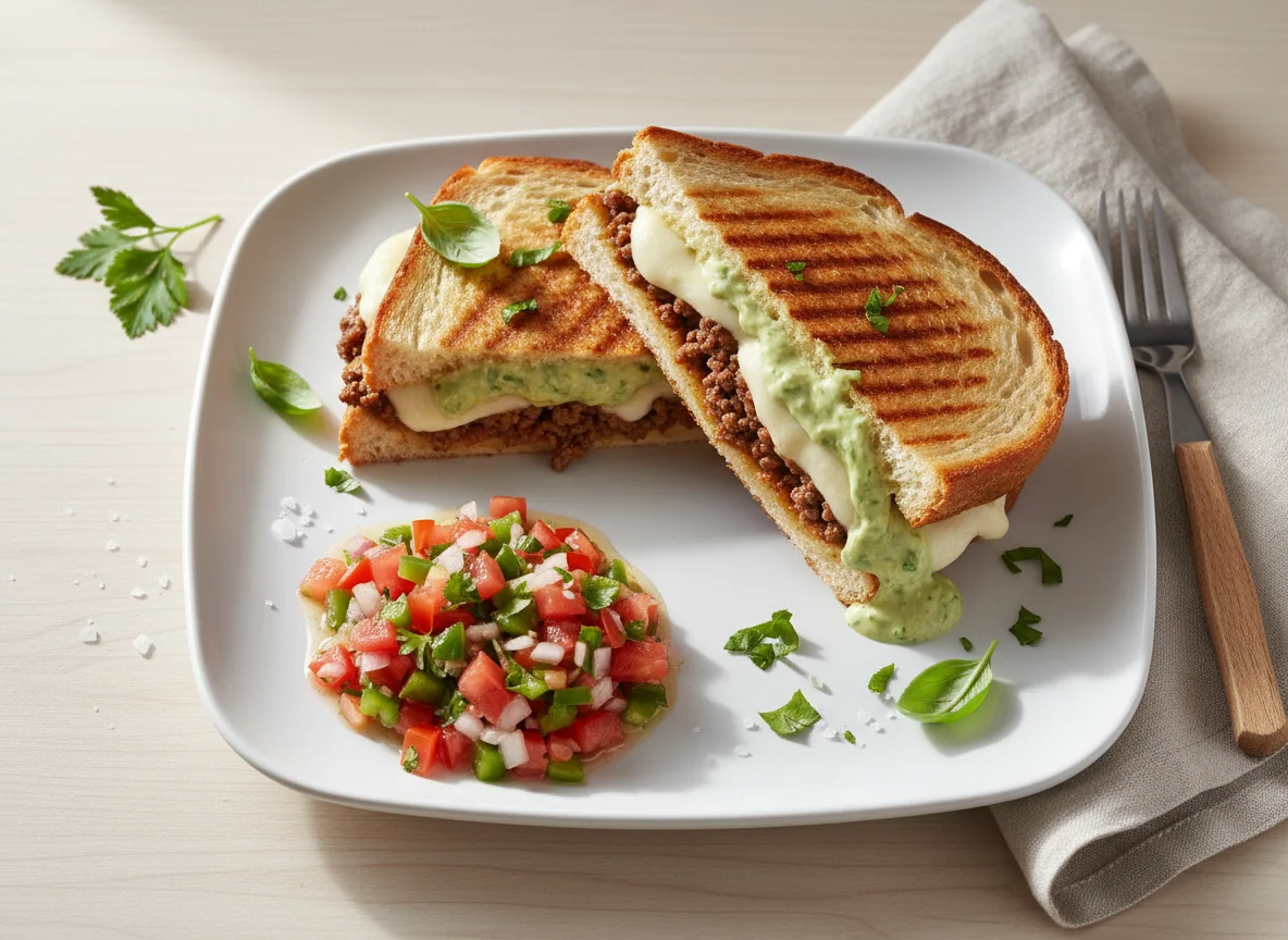 Panini de carne com queijo, molho verde e vinagrete photo