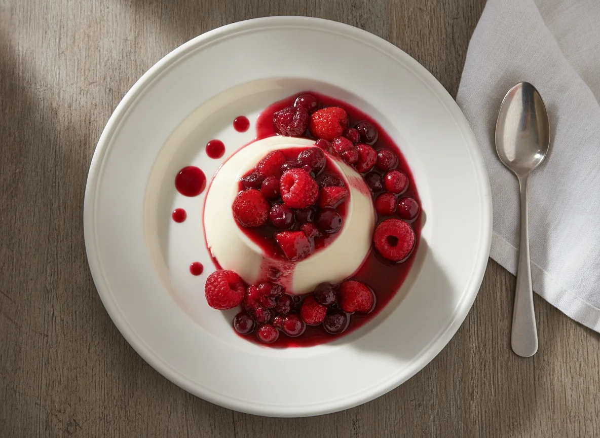 Panna Cotta com calda de frutas vermelhas e vinho tinto photo