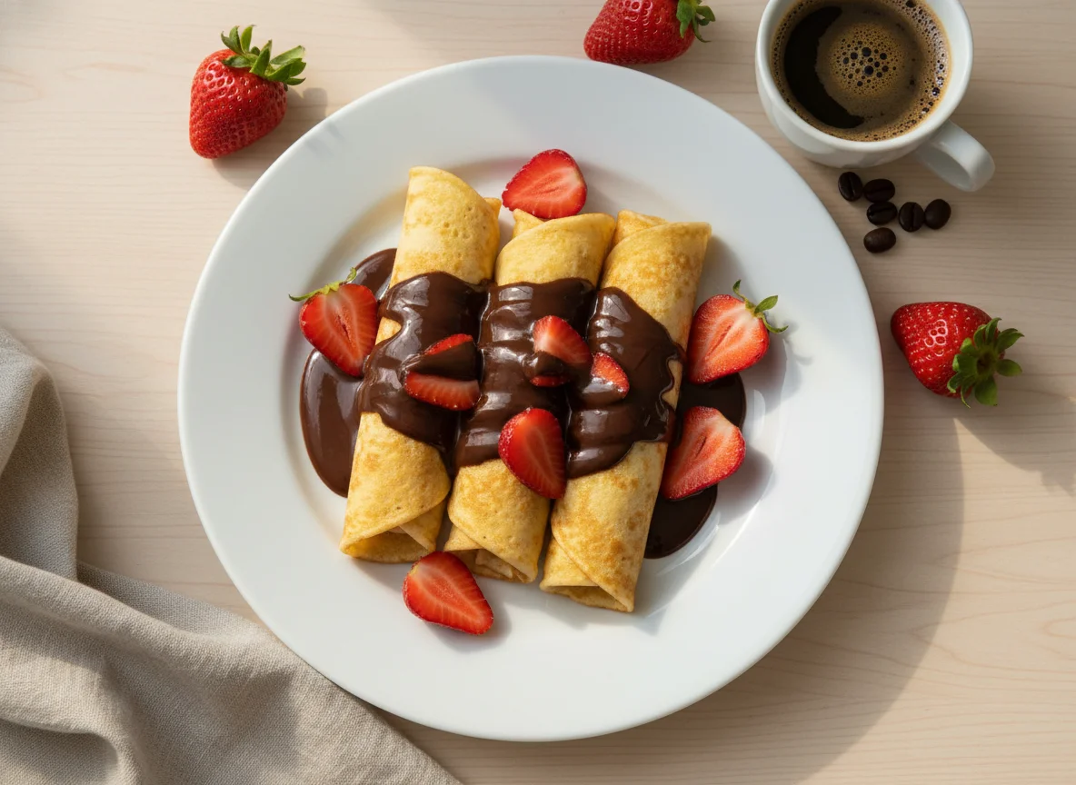 Panqueca com calda de chocolate e morangos photo