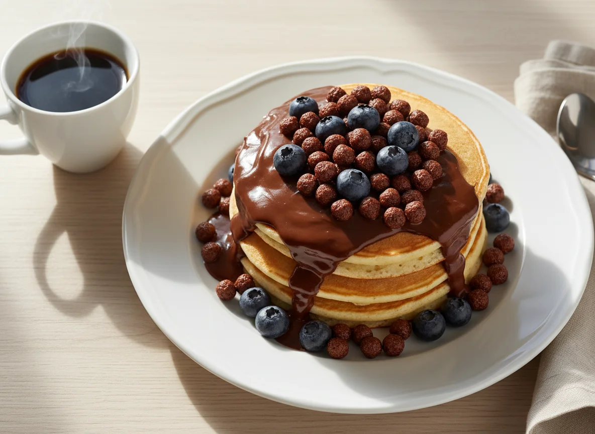 Panqueca com calda de chocolate, mirtilos e cereal photo