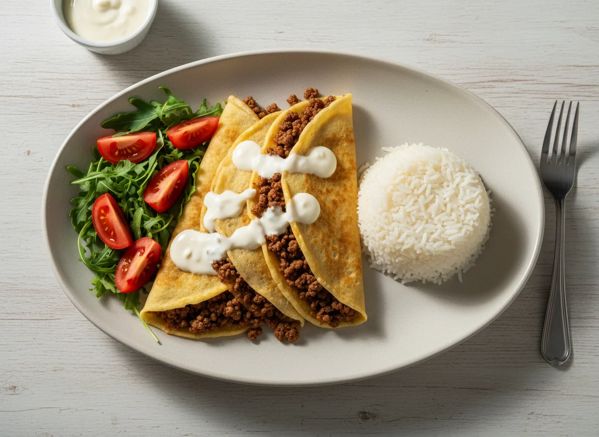 Panqueca com carne moída, arroz e salada photo