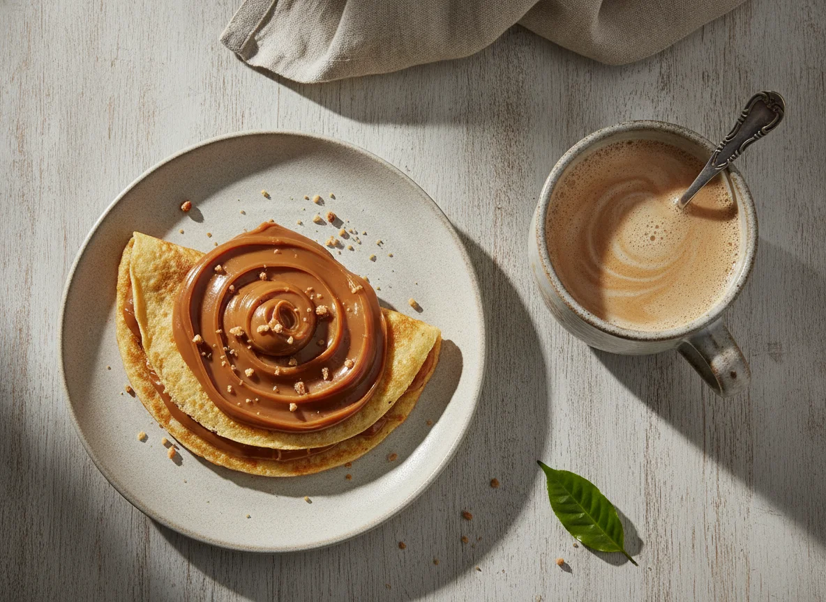 Panqueca com cobertura e café com leite photo