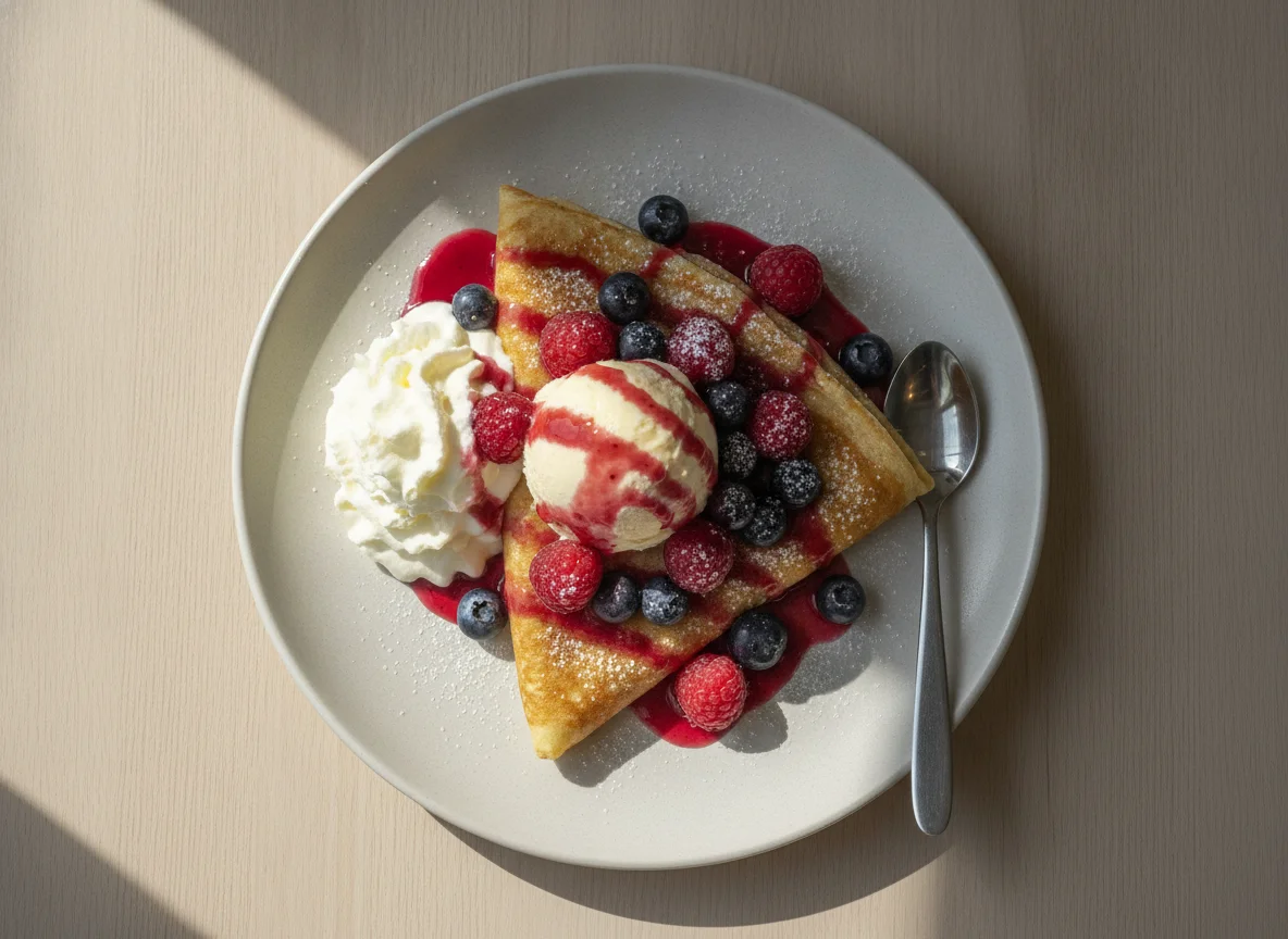 Panqueca com Frutos Vermelhos, Gelado e Natas photo
