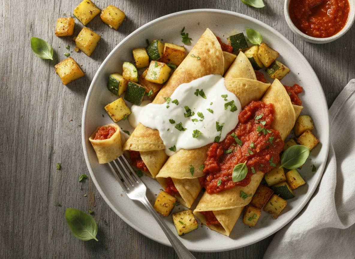 Panqueca com molho e legumes salteados photo