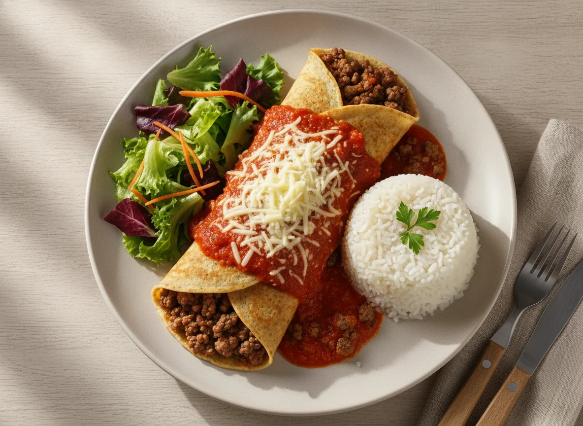Panqueca de aveia e arroz com carne moída, arroz e salada photo