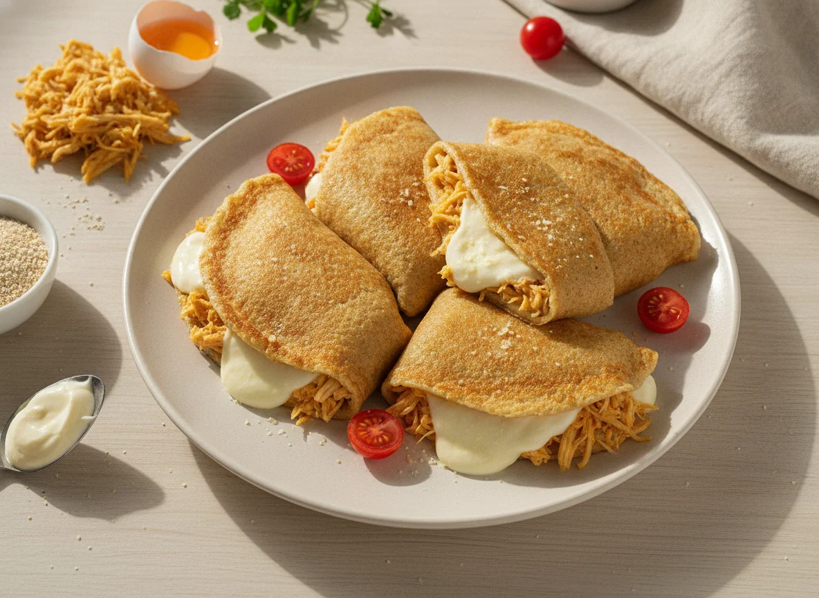 Panqueca de aveia recheada com frango e queijo photo