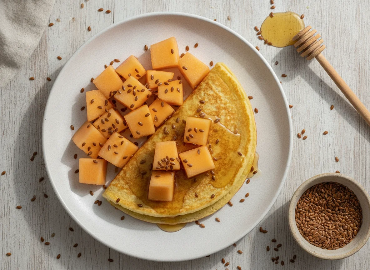 Panqueca de banana com melão e sementes de linhaça photo