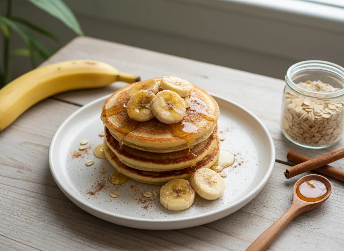 Panqueca de banana e aveia, com banana e aveia, canela e mel photo