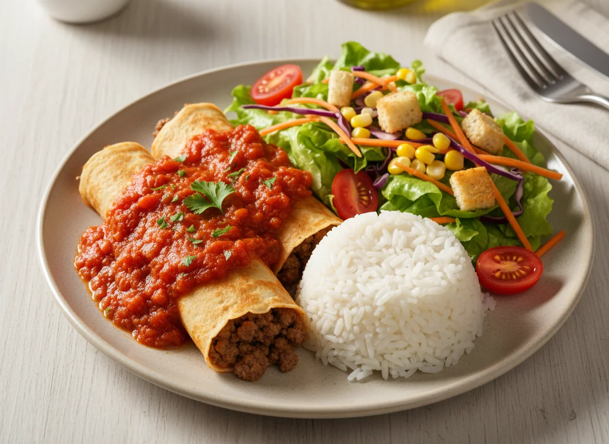 Panqueca de carne com arroz e salada photo