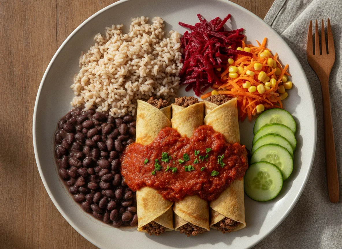 Panqueca de carne com arroz, feijão e salada photo