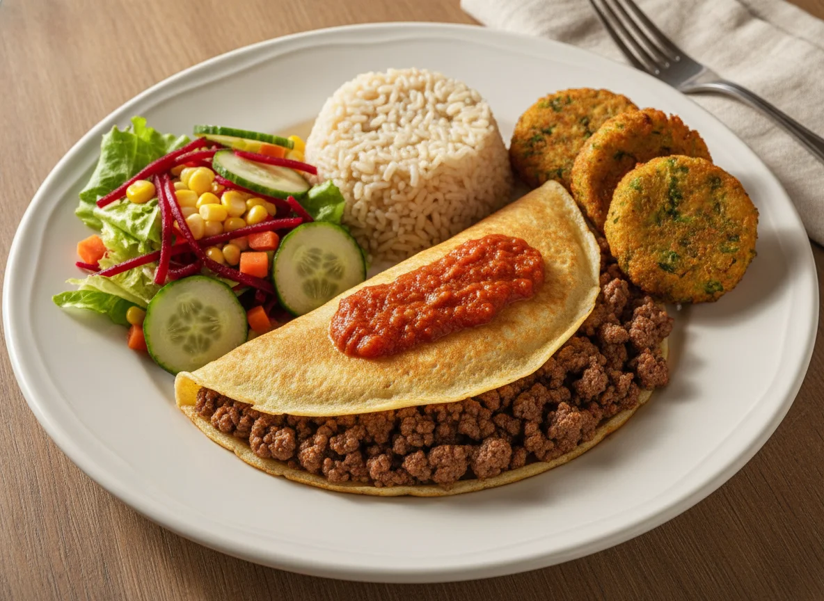Panqueca de carne com arroz integral e salada photo