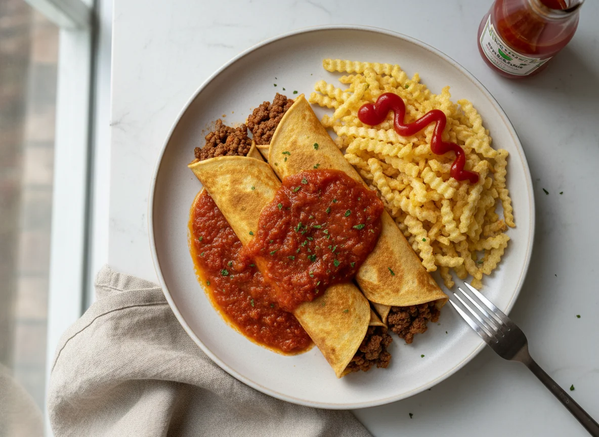 Panqueca de carne com batata palha e ketchup photo