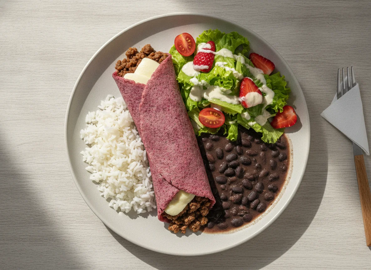 Panqueca de carne com massa de aveia e beterraba, arroz, feijão e salada photo