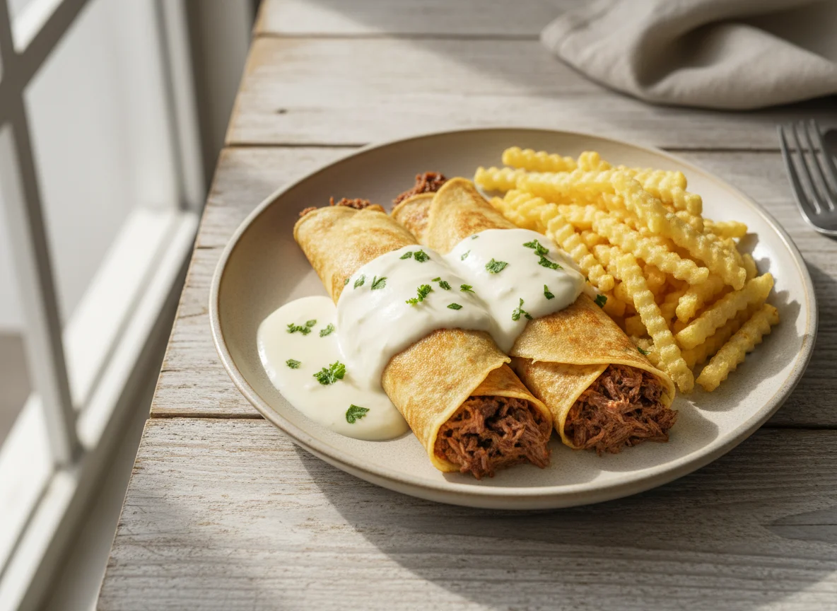 Panqueca de carne com molho branco e batata palha photo