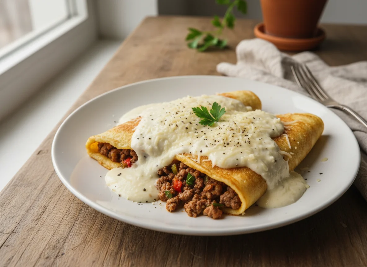 Panqueca de carne com molho branco e queijo photo