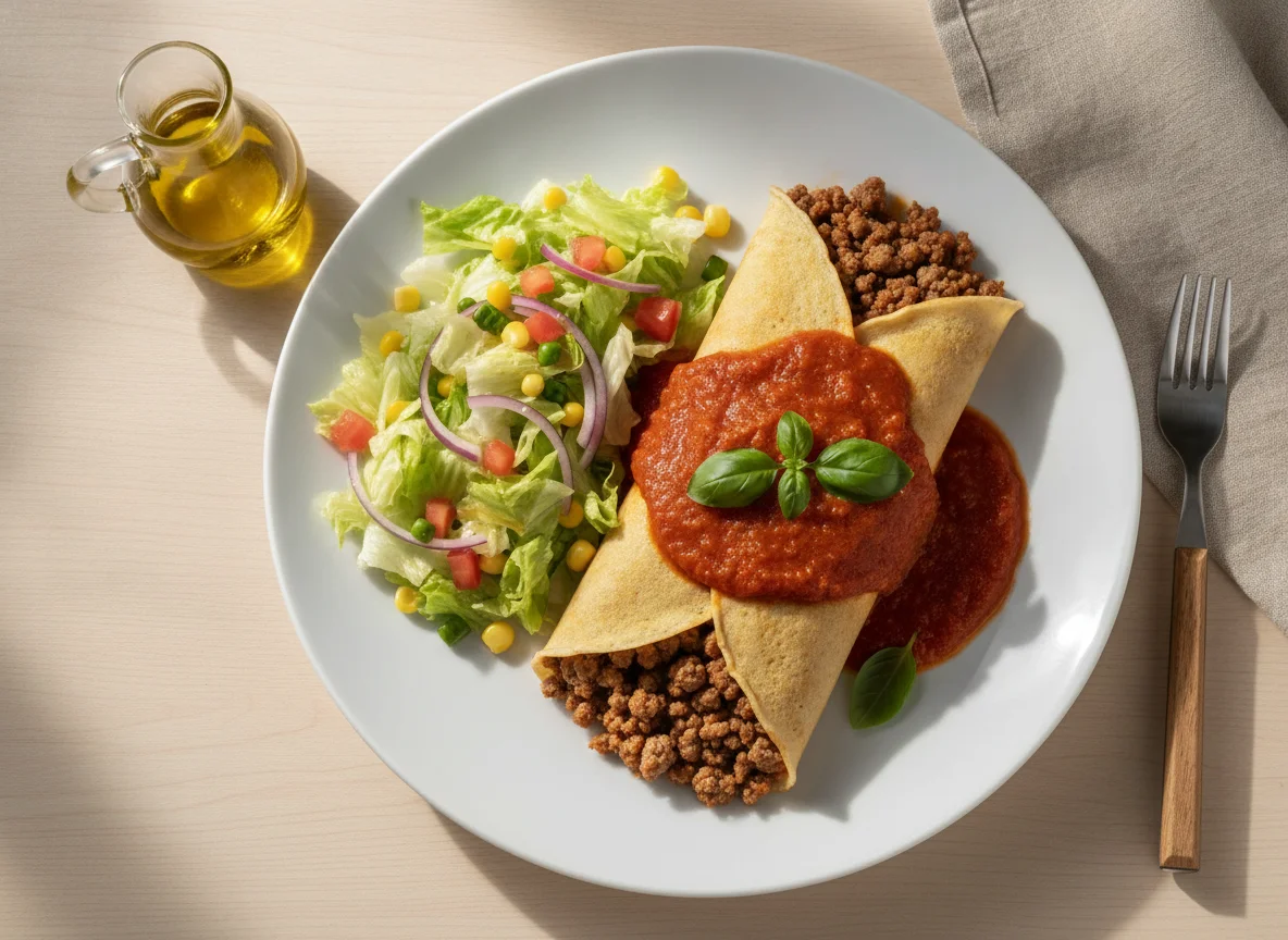 Panqueca de carne com molho de tomate e salada photo
