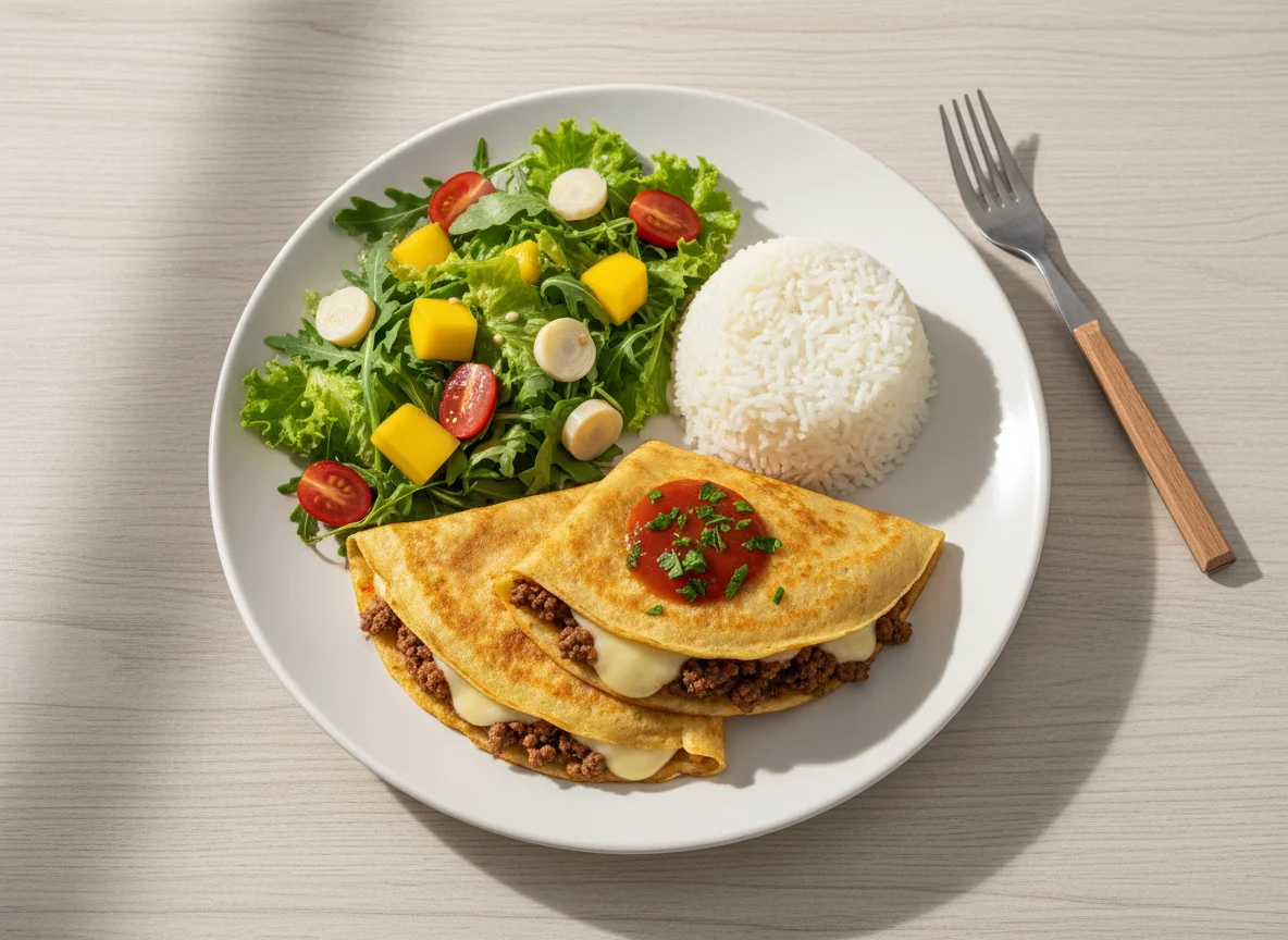 Panqueca de carne com salada e arroz photo