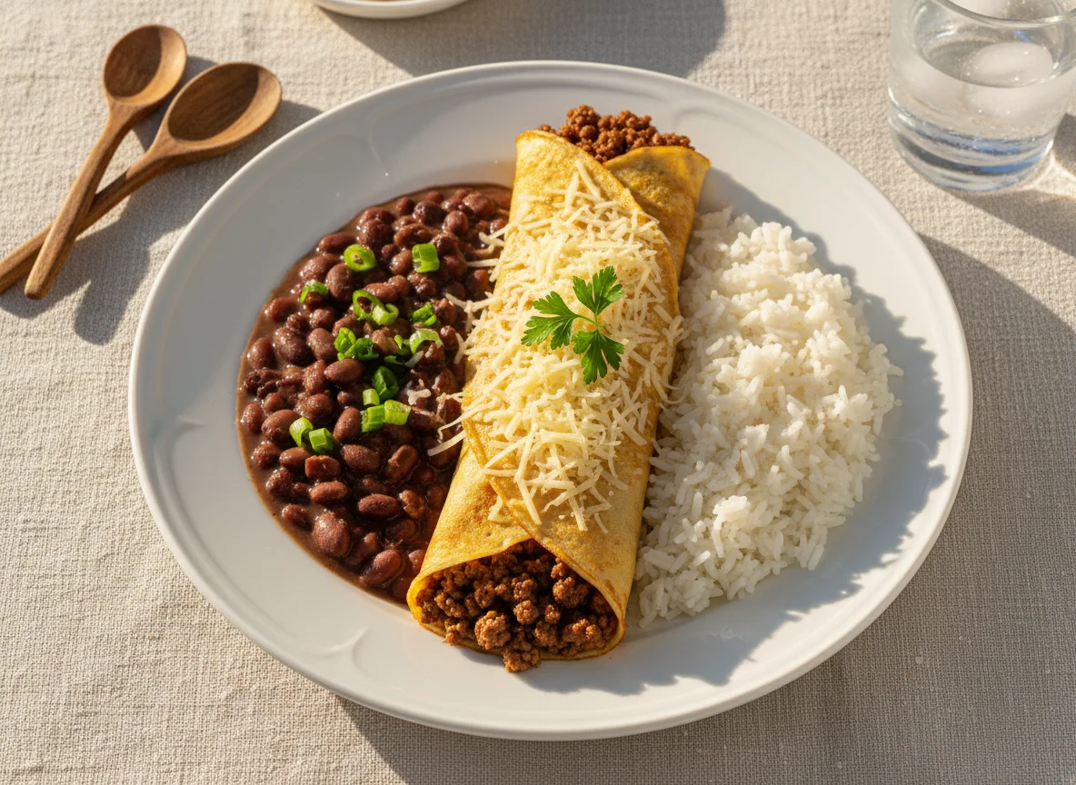 Panqueca de carne moída com arroz e feijão photo