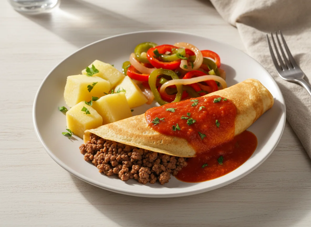 Panqueca de carne moída com batatas e legumes photo