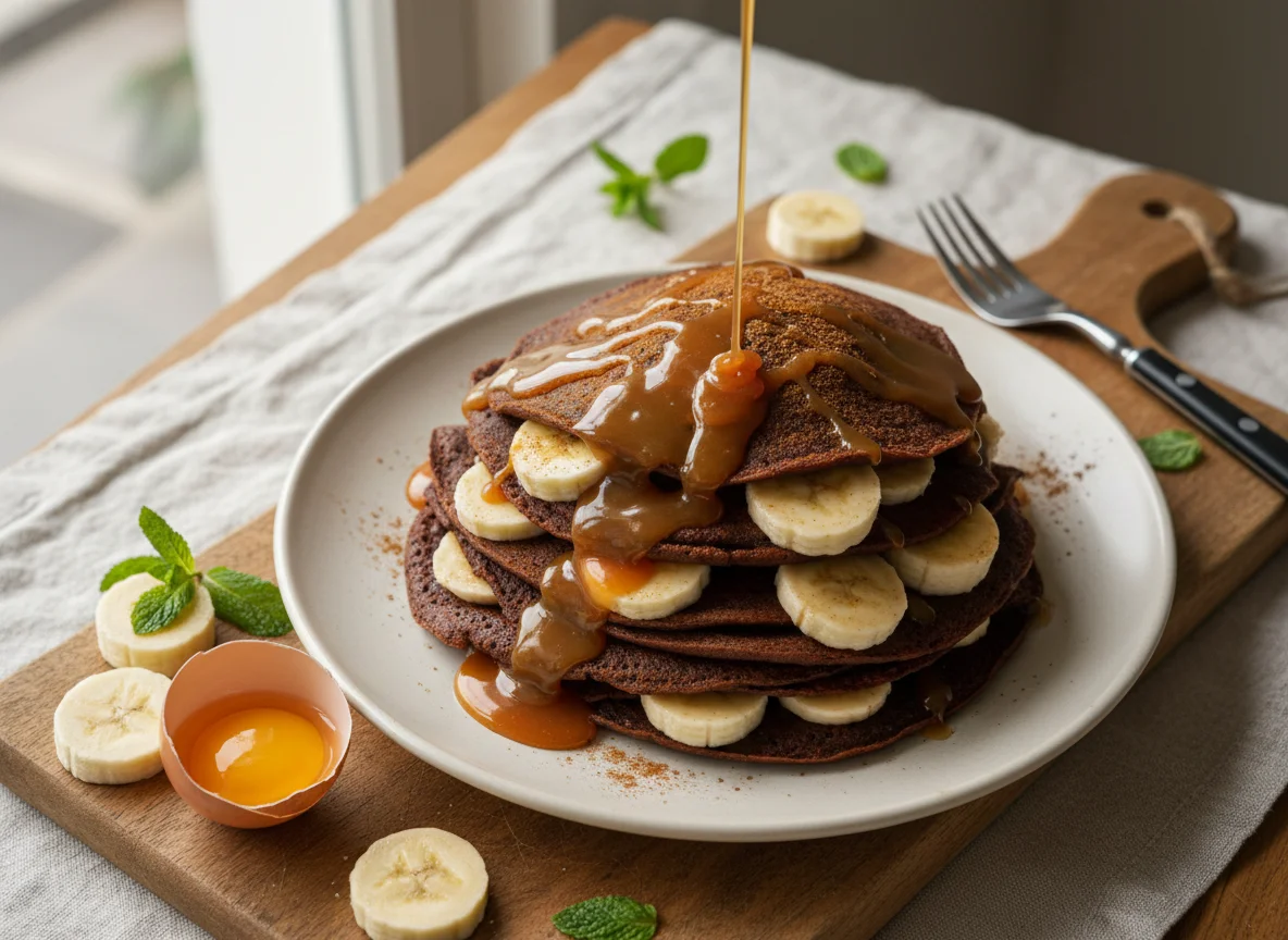 Panqueca de chocolate com banana e calda de caramelo photo