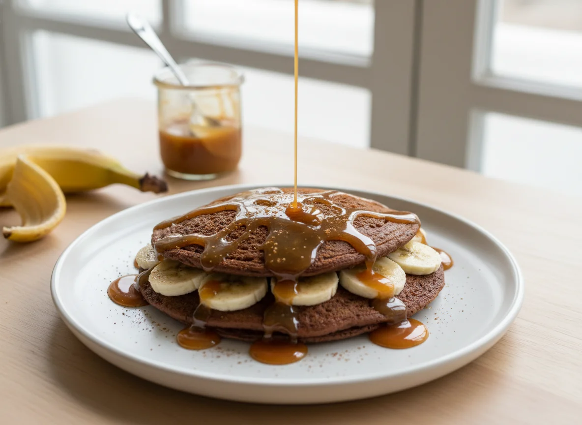 Panqueca de chocolate com banana e caramelo photo